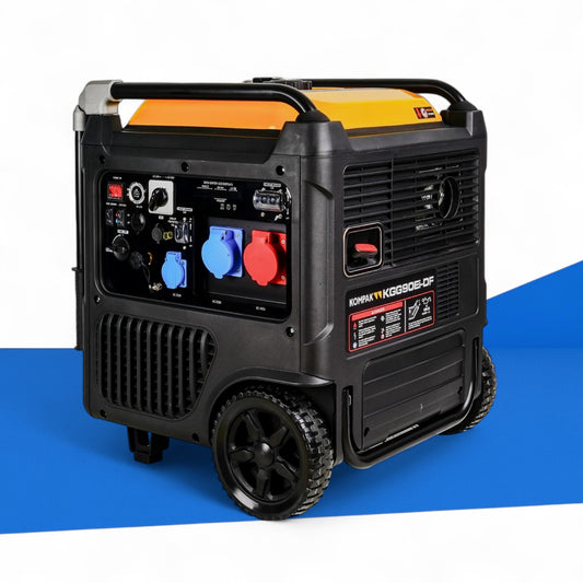 Kompak KGG90Ei-DF DualFuel Inverter-Stromaggregat, 11 kVA, 400 V, Benzin & Gasbetrieb, mit Elektro- und Seilzugstart, leise bei 75 dB, ideal für Camping, Wohnmobile und Notstromversorgung